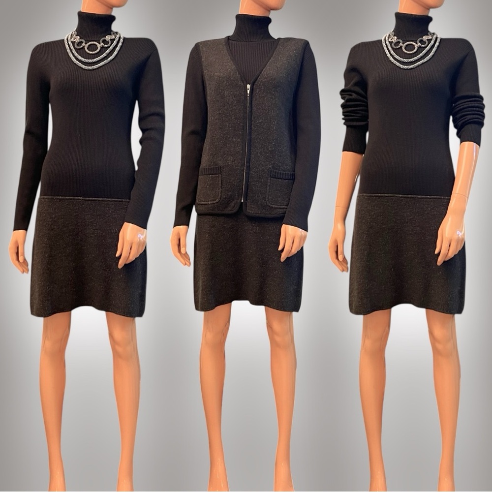 DKNY Wool Ribbed Knit Turtleneck Dress with Vest